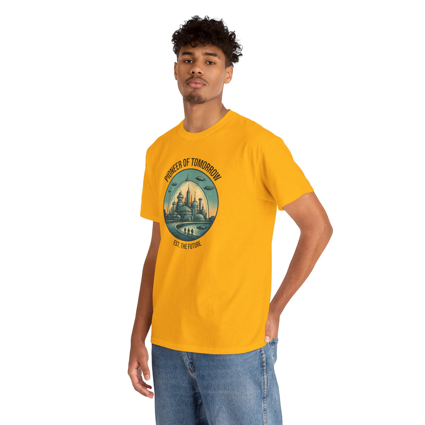 Person wearing a yellow t-shirt with a graphic design on a white background