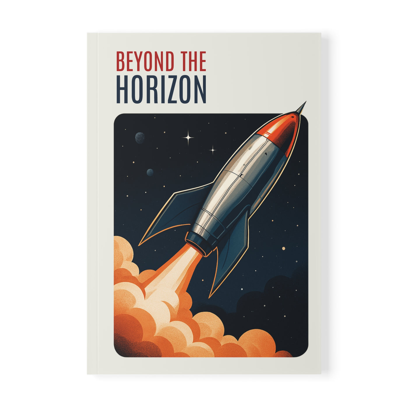 Book cover with a rocket ship and 'Beyond the Horizon' text on a white background