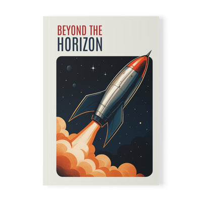 Book cover with a rocket ship and 'Beyond the Horizon' text on a white background