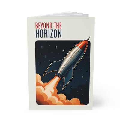 Book titled 'Beyond the Horizon' with a rocket illustration on the cover