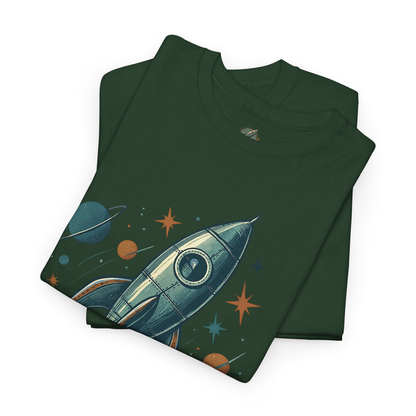 Folded green t-shirt with space-themed design on a white background