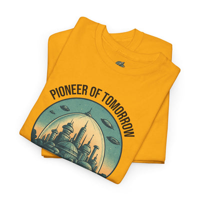 Folded yellow t-shirt with 'Pioneer of Tomorrow' design on a white background