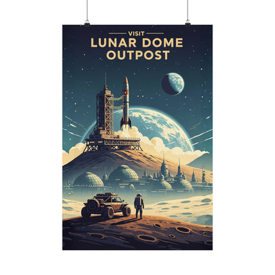 Space-themed poster with rocket launch and lunar landscape, featuring text 'Visit Lunar Dome Outpost'.