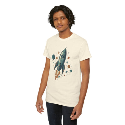 Person wearing a cream t-shirt with a rocket graphic on a white background