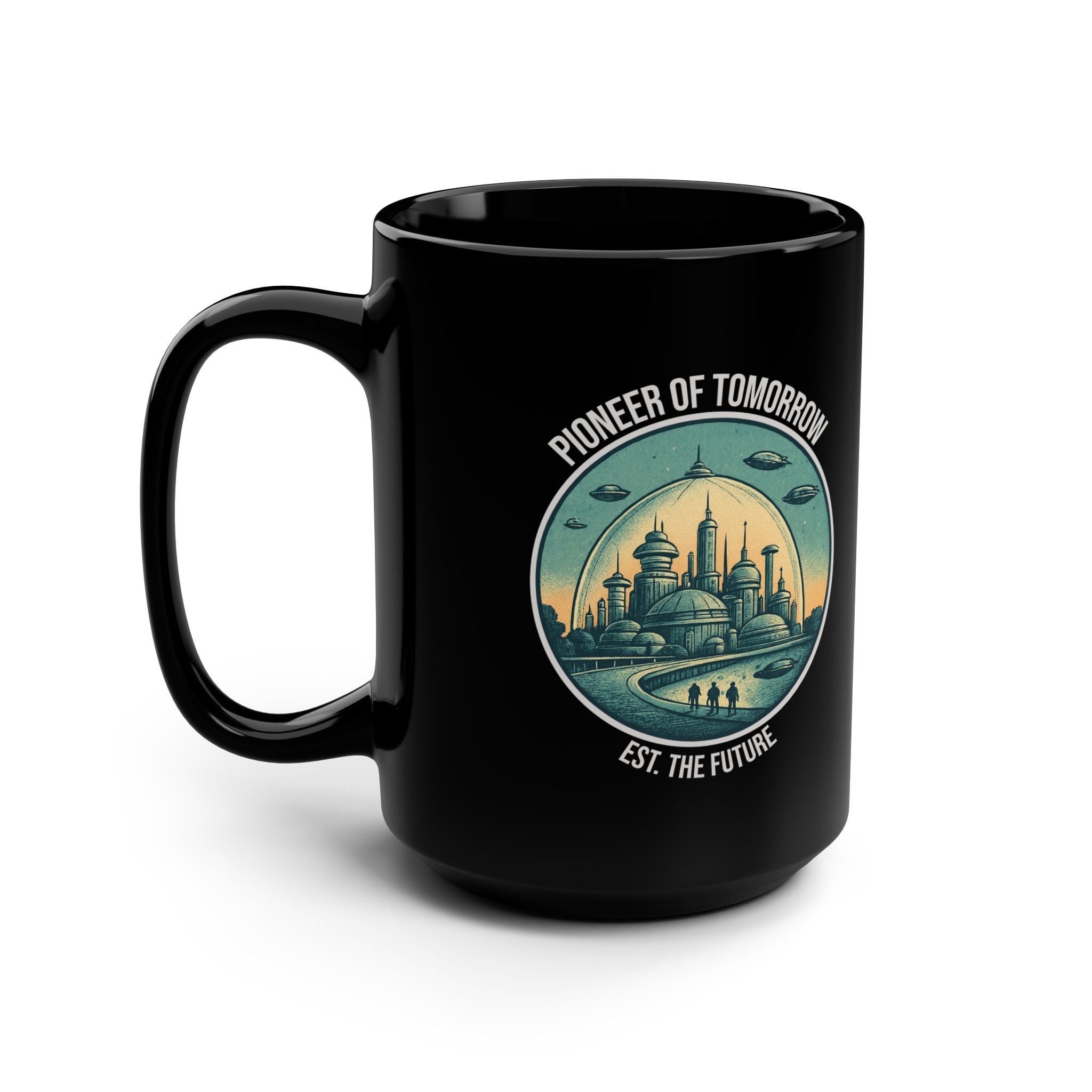 Sci-Fi Black Mug "Pioneer of Tomorrow" (15 oz)