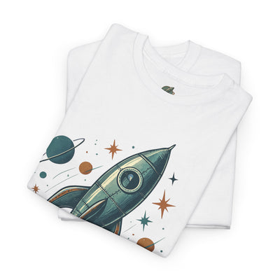 Folded white t-shirt with space-themed design featuring a rocket and planets on a white background
