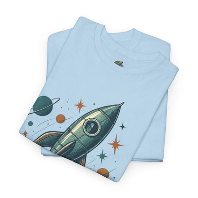 Light blue t-shirt with space-themed design featuring a rocket ship, planets, and stars on a white background.