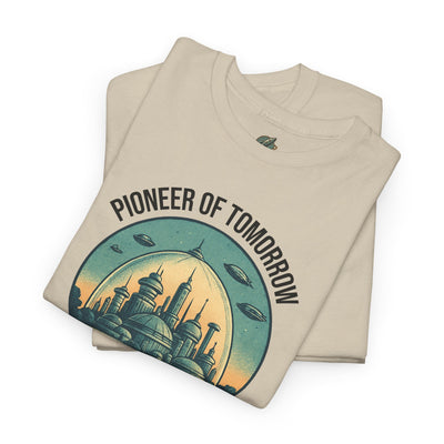 Folded beige t-shirt with 'Pioneer of Tomorrow' graphic design on a white background