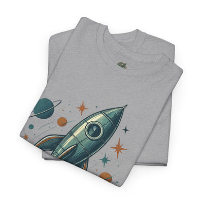 Folded gray t-shirt with a space-themed design on a white background