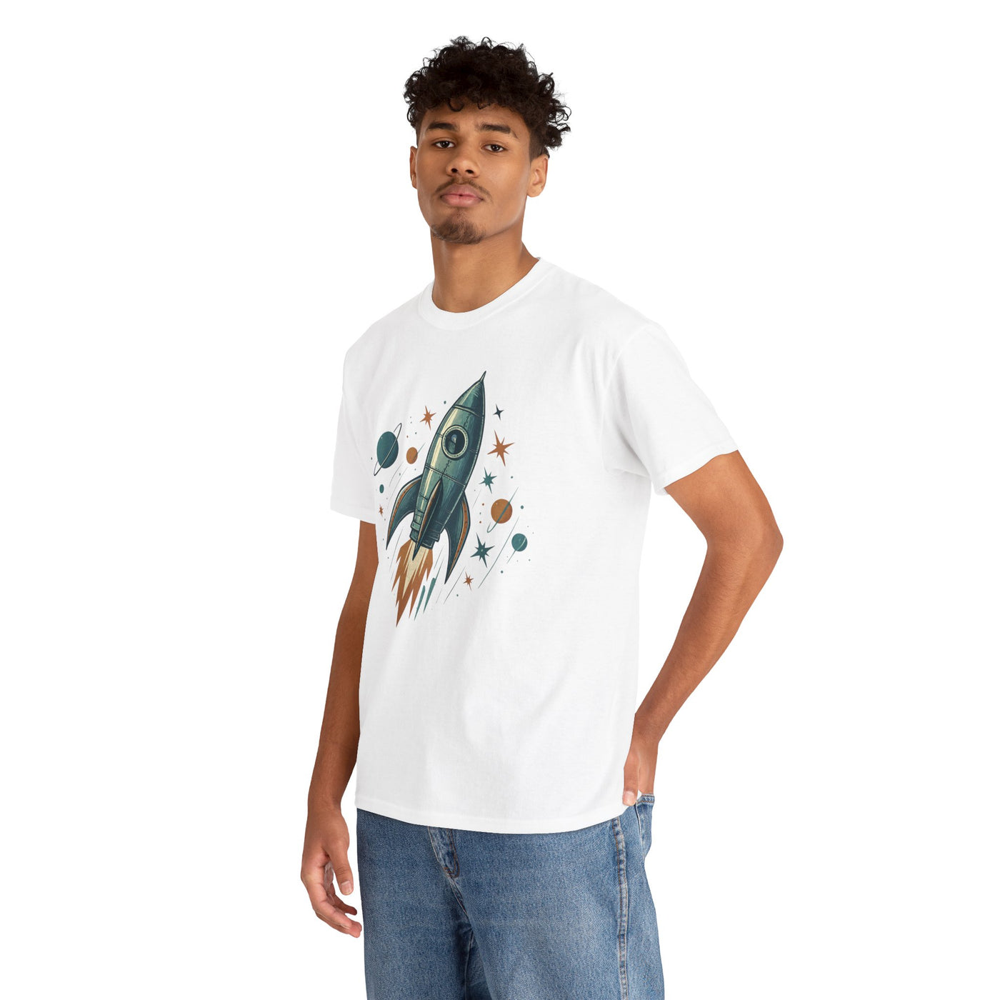 Person wearing a white t-shirt with a rocket graphic on a white background