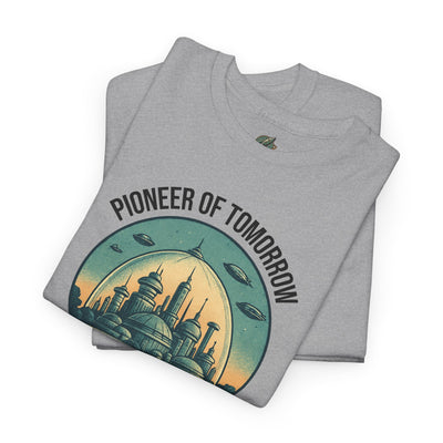 Folded gray t-shirt with 'Pioneer of Tomorrow' graphic design on a white background