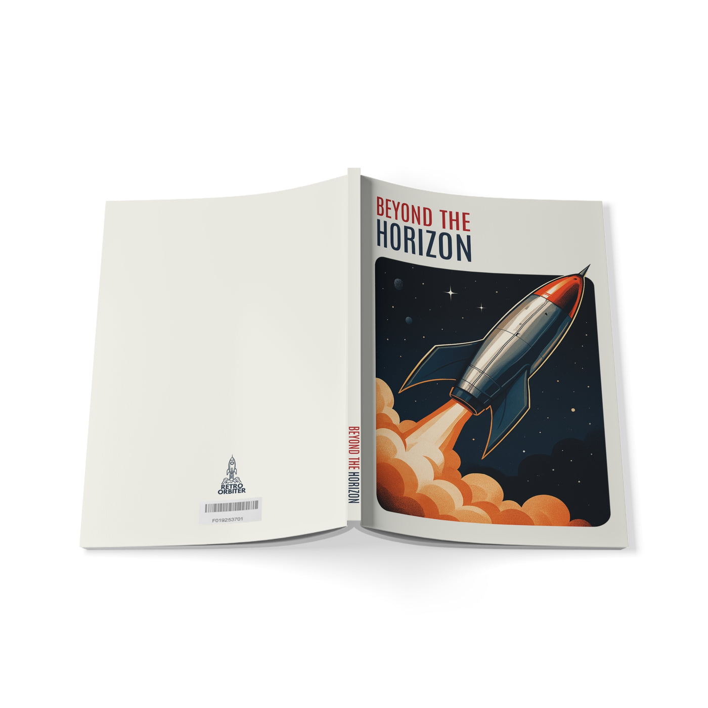 Open book with 'Beyond the Horizon' cover featuring a rocket illustration on a white background