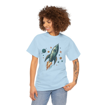 Person wearing a light blue t-shirt with a space-themed graphic design on a white background