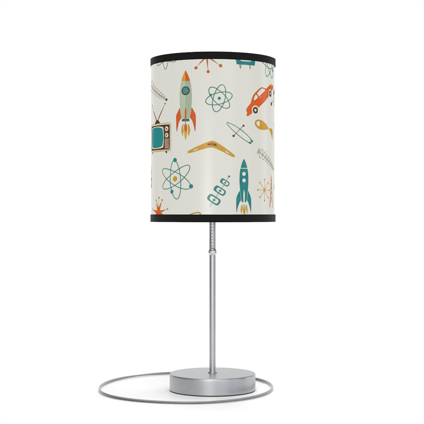Table lamp with a space-themed shade on a white background