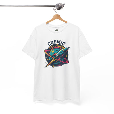 White t-shirt with 'Cosmic Explorer' graphic on a hanger against a white background