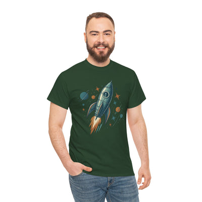 Man wearing a green t-shirt with a rocket design on a white background